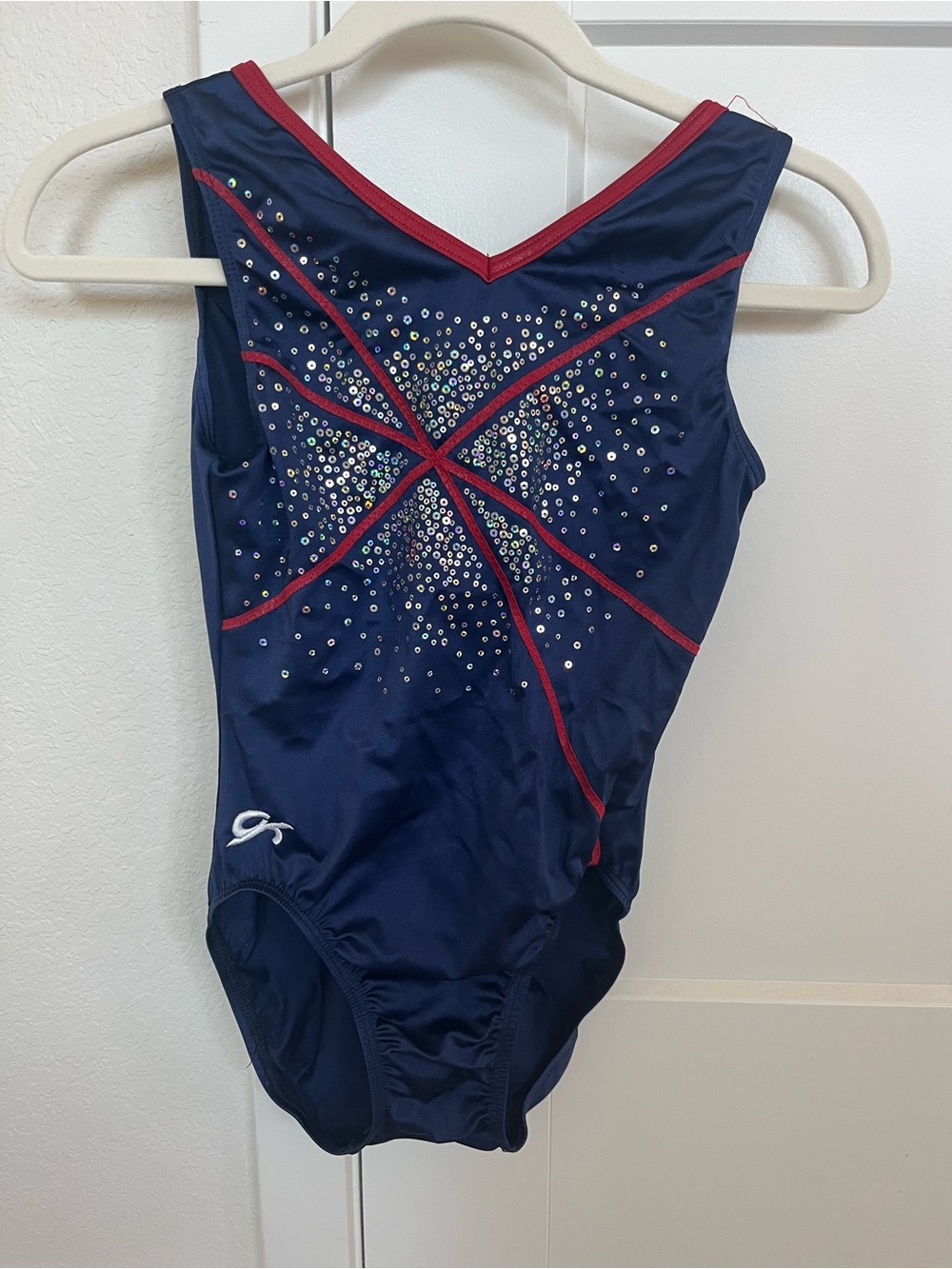 GK Navy Sparkle Womens Medium Gymnastics Leotard with Red Trim